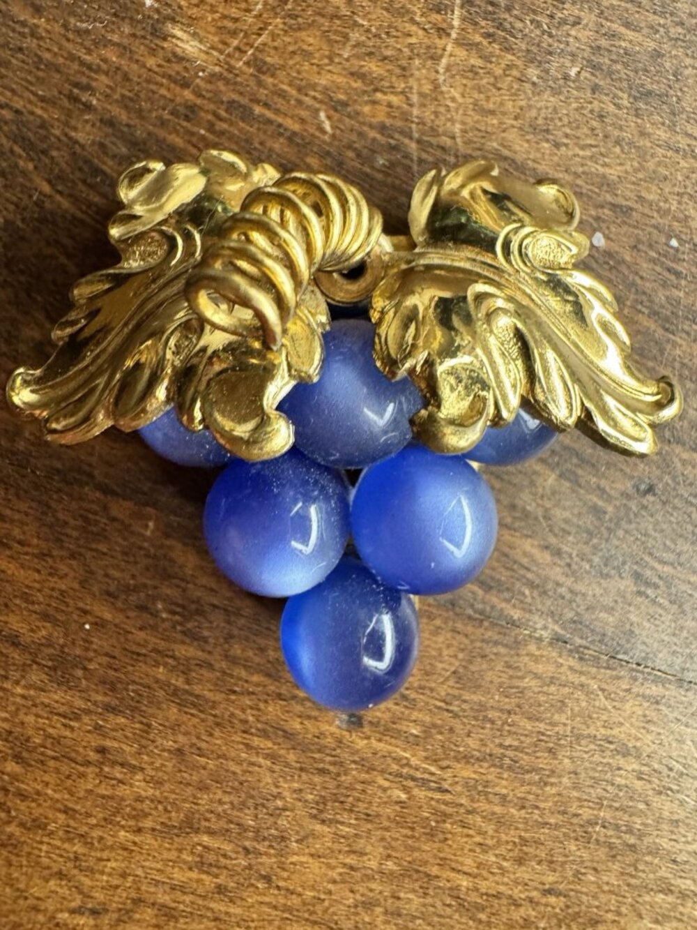 Vintage CORO Signed Blue Moonglow Lucite Grape Cluster Brooch Pin Gold Tone 40s
